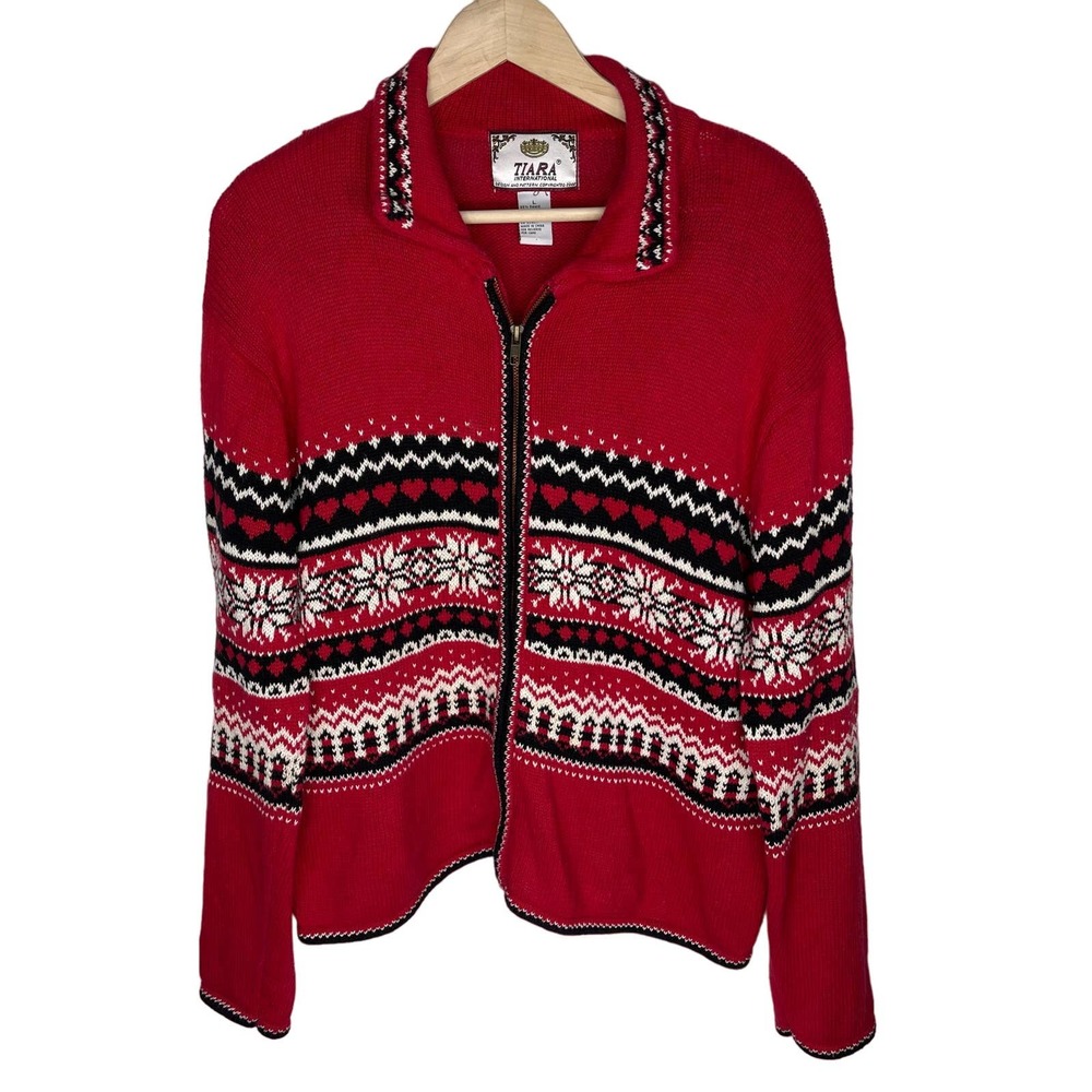 Tiara International Size Large Red Holiday Xmas Zip Up Sweater Cardigan Jacket